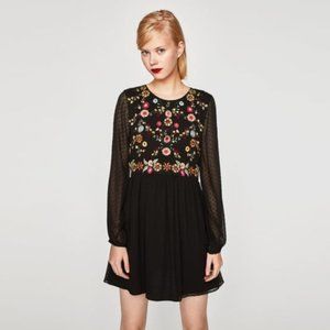 Zara Long Sleeve Embroidered Dot Mesh Dress, black